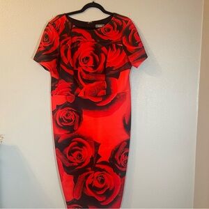 Neiman Marcus Elegant Red Rose Print Dress. Size XL. Back zipper. Pre-owned.